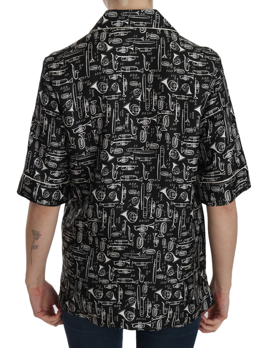 Dolce & Gabbana Schwarzes Seidentop mit Musikinstrumentenaufdruck
