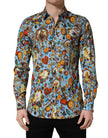 Dolce & Gabbana Blaues Baumwollhemd mit Schmuck-Print und GOLD-Knopfleiste