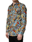 Dolce & Gabbana Blaues Baumwollhemd mit Schmuck-Print und GOLD-Knopfleiste