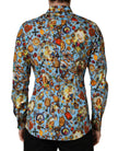 Dolce & Gabbana Blaues Baumwollhemd mit Schmuck-Print und GOLD-Knopfleiste