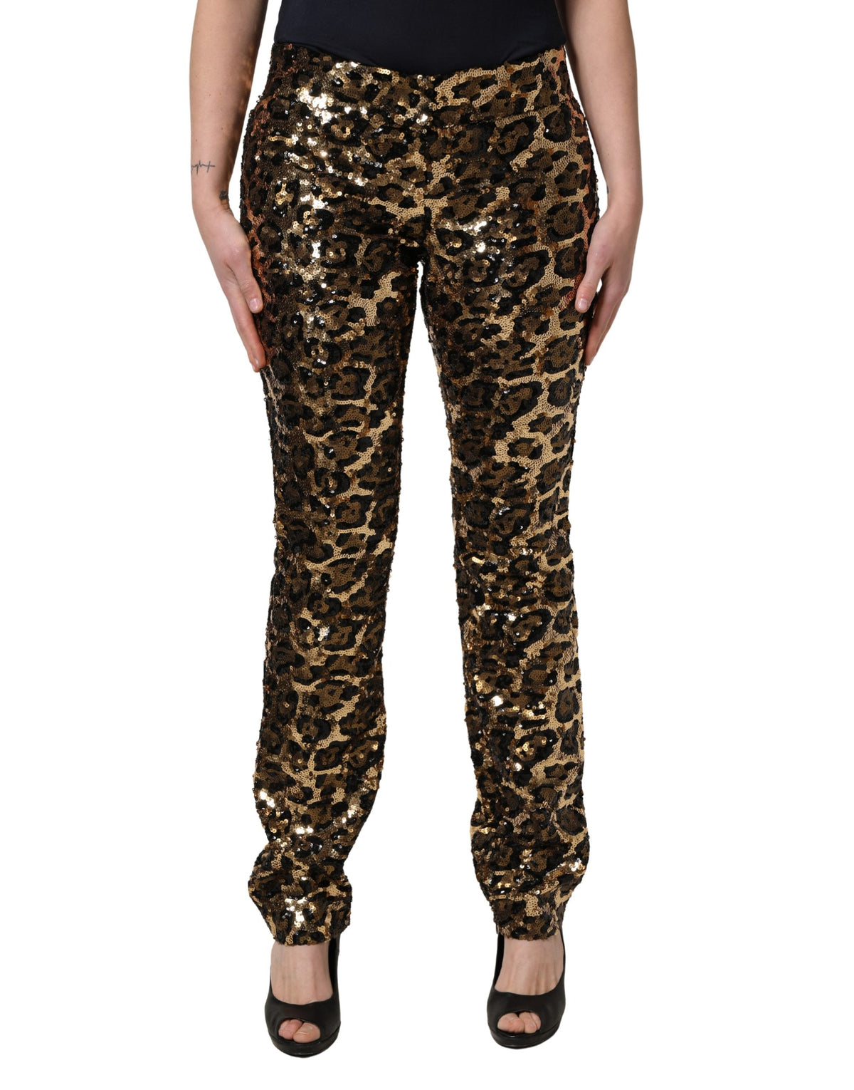Dolce & Gabbana Gold-farbene Hose mit Leopardenmuster und Pailletten