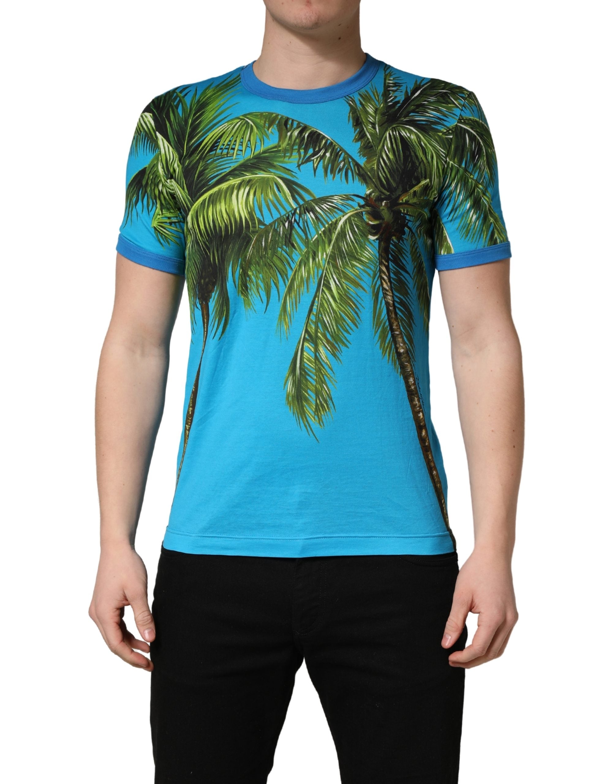 Dolce & Gabbana Blaues T-Shirt mit Palmenprint aus Baumwolle, Rundhalsausschnitt
