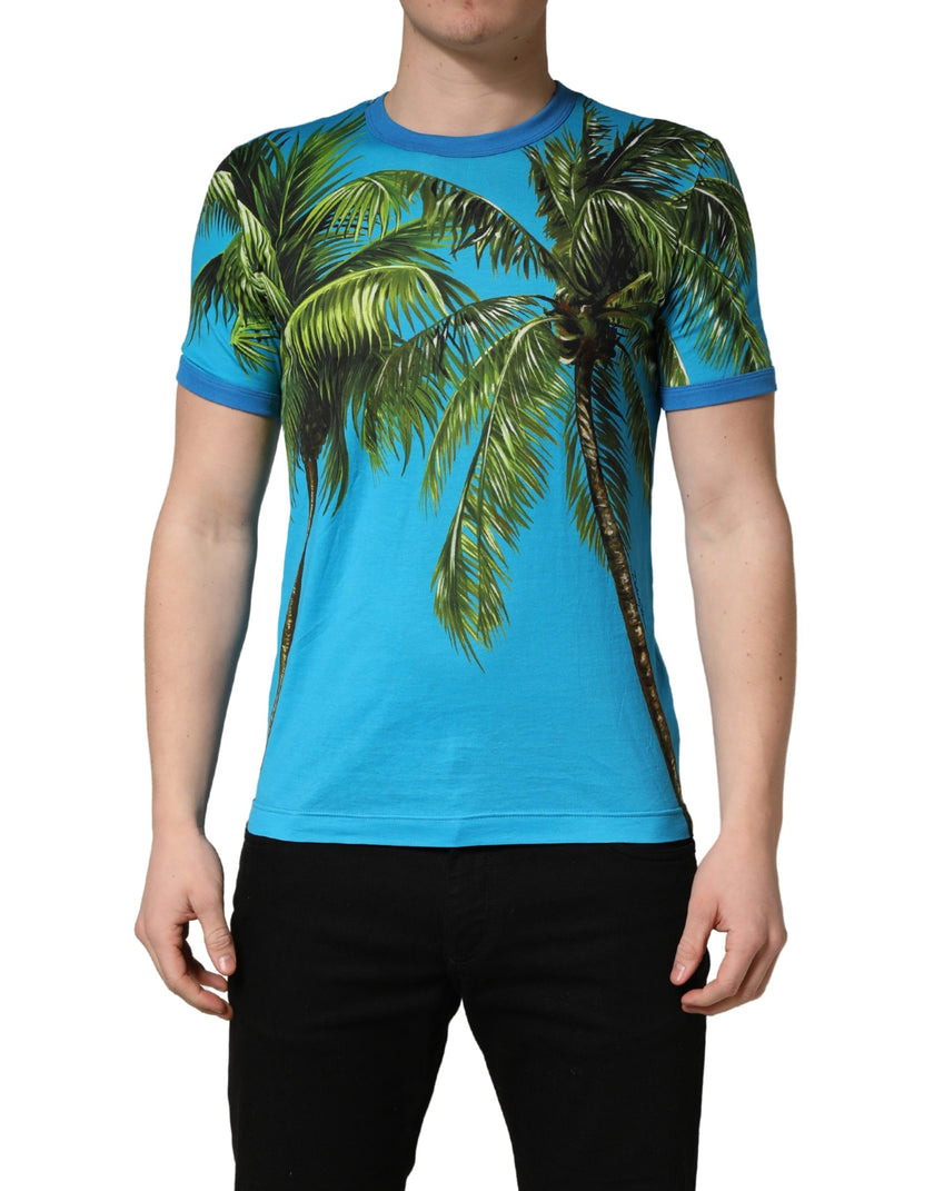 Dolce & Gabbana Blaues T-Shirt mit Palmenprint aus Baumwolle, Rundhalsausschnitt
