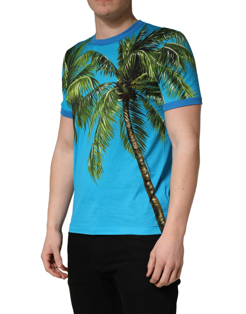 Dolce & Gabbana Blaues T-Shirt mit Palmenprint aus Baumwolle, Rundhalsausschnitt