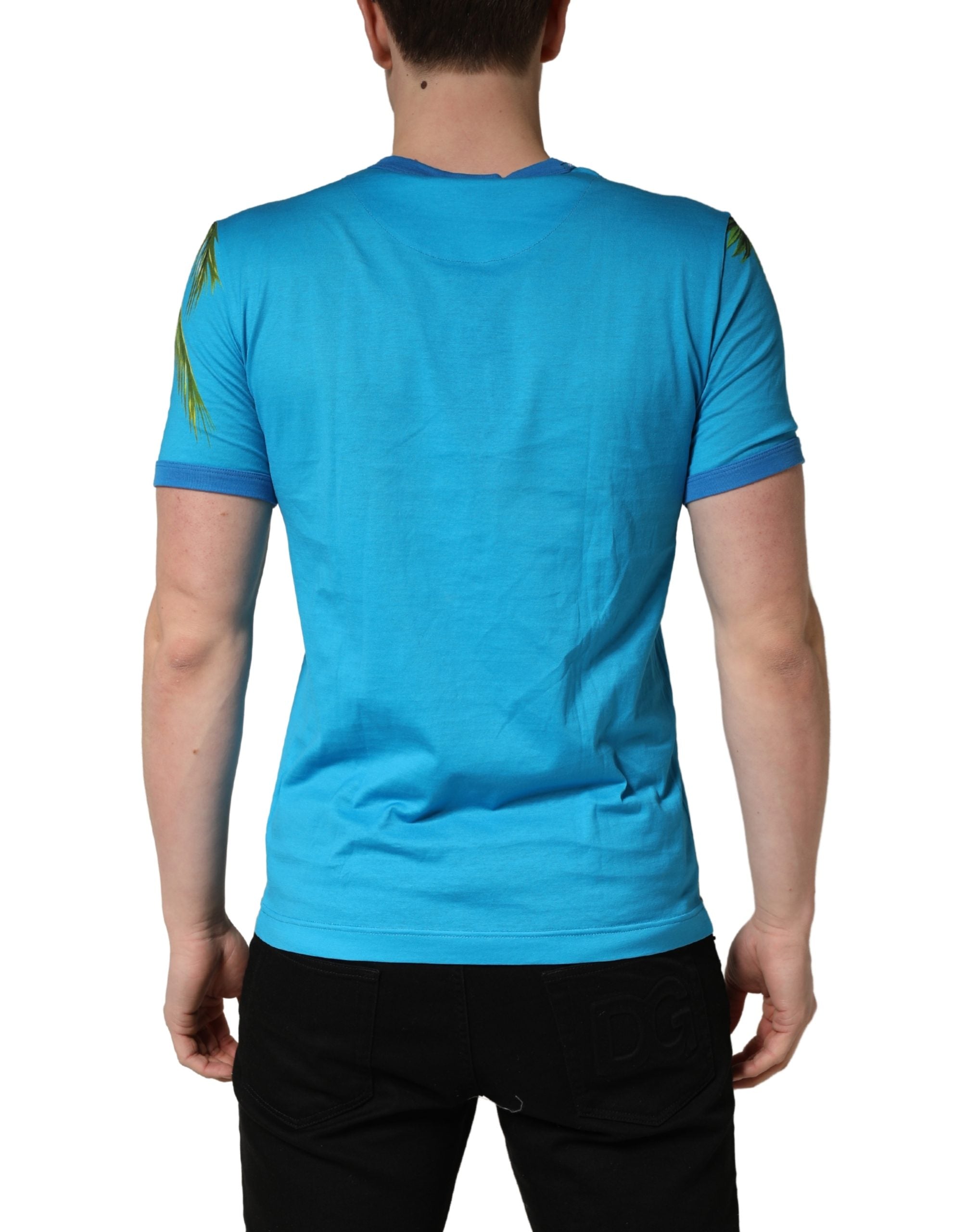Dolce & Gabbana Blaues T-Shirt mit Palmenprint aus Baumwolle, Rundhalsausschnitt