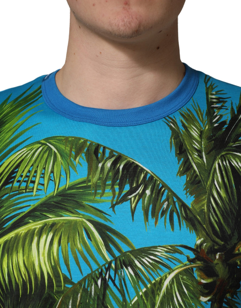 Dolce & Gabbana Blaues T-Shirt mit Palmenprint aus Baumwolle, Rundhalsausschnitt