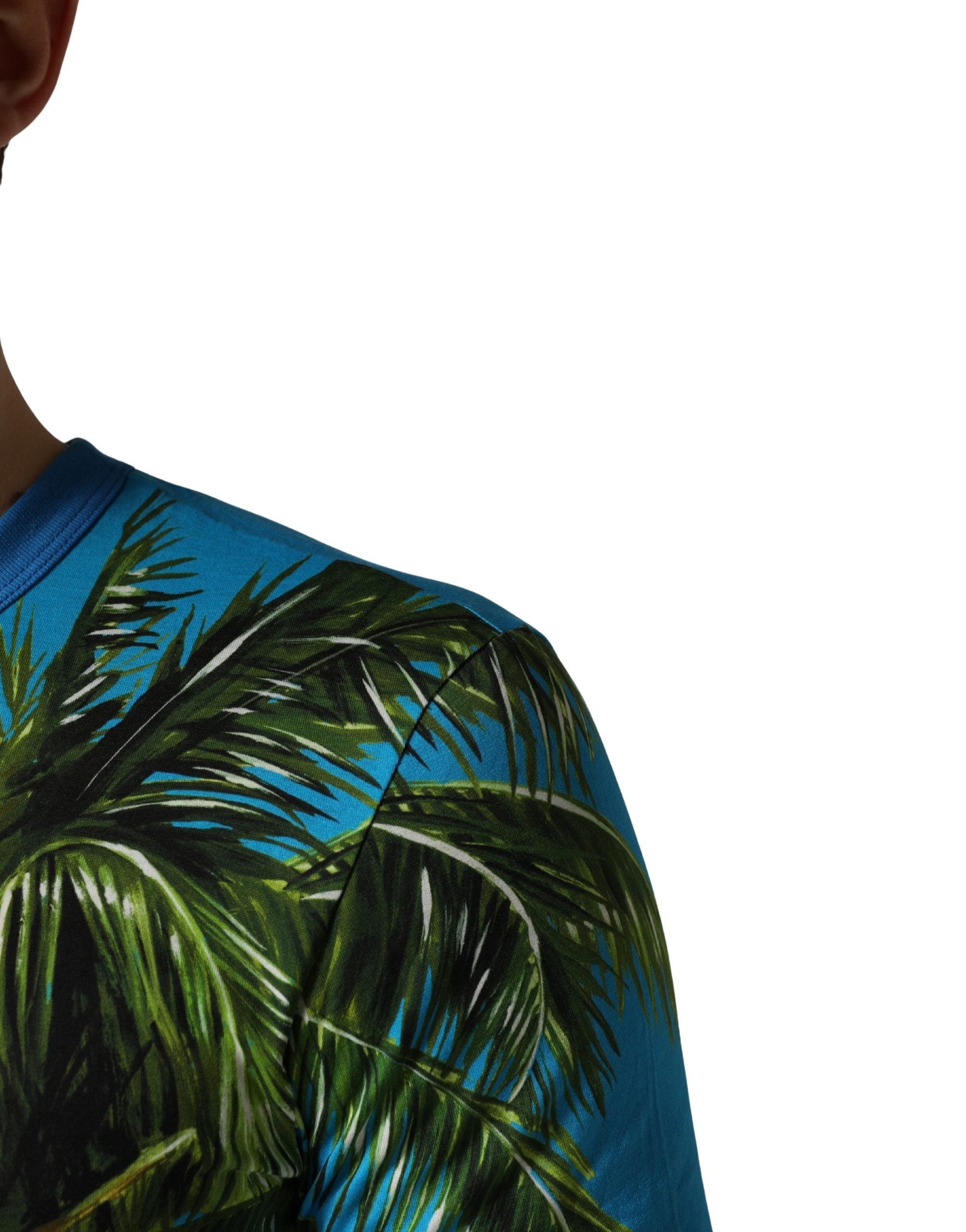 Dolce & Gabbana Blaues T-Shirt mit Palmenprint aus Baumwolle, Rundhalsausschnitt
