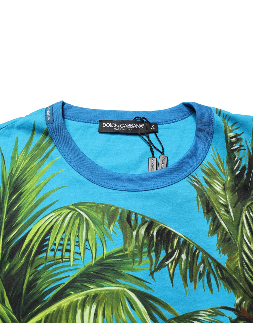 Dolce & Gabbana Blaues T-Shirt mit Palmenprint aus Baumwolle, Rundhalsausschnitt