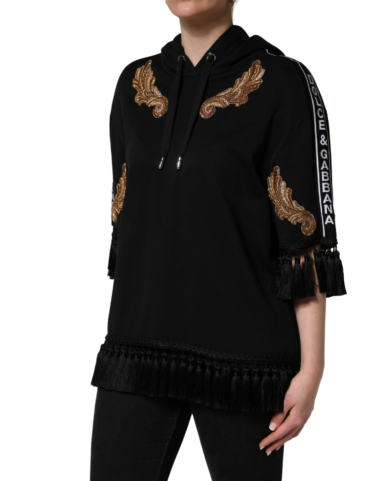 Dolce & Gabbana Schwarzer Kapuzenpullover mit Stickerei und Quasten