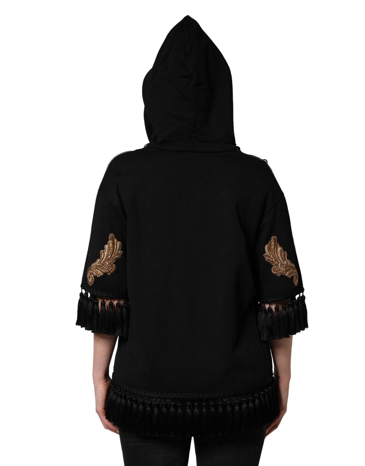 Dolce & Gabbana Schwarzer Kapuzenpullover mit Stickerei und Quasten