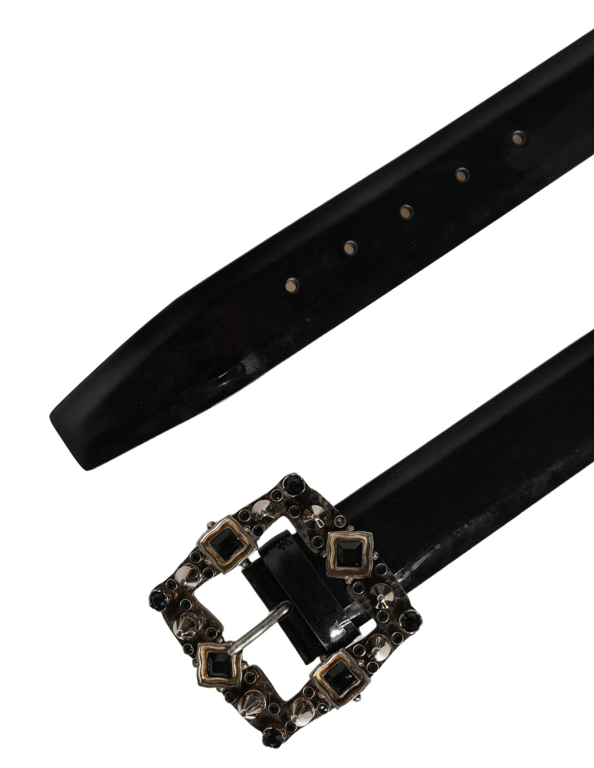 Dolce & Gabbana Black Leather Belt with Crystal and Metal Buckle
