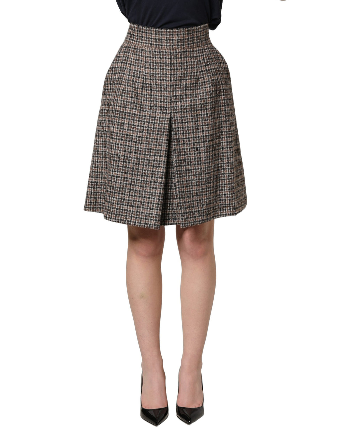 Dolce & Gabbana Brown High-Waisted Tweed Mini Skirt with Box Pleats