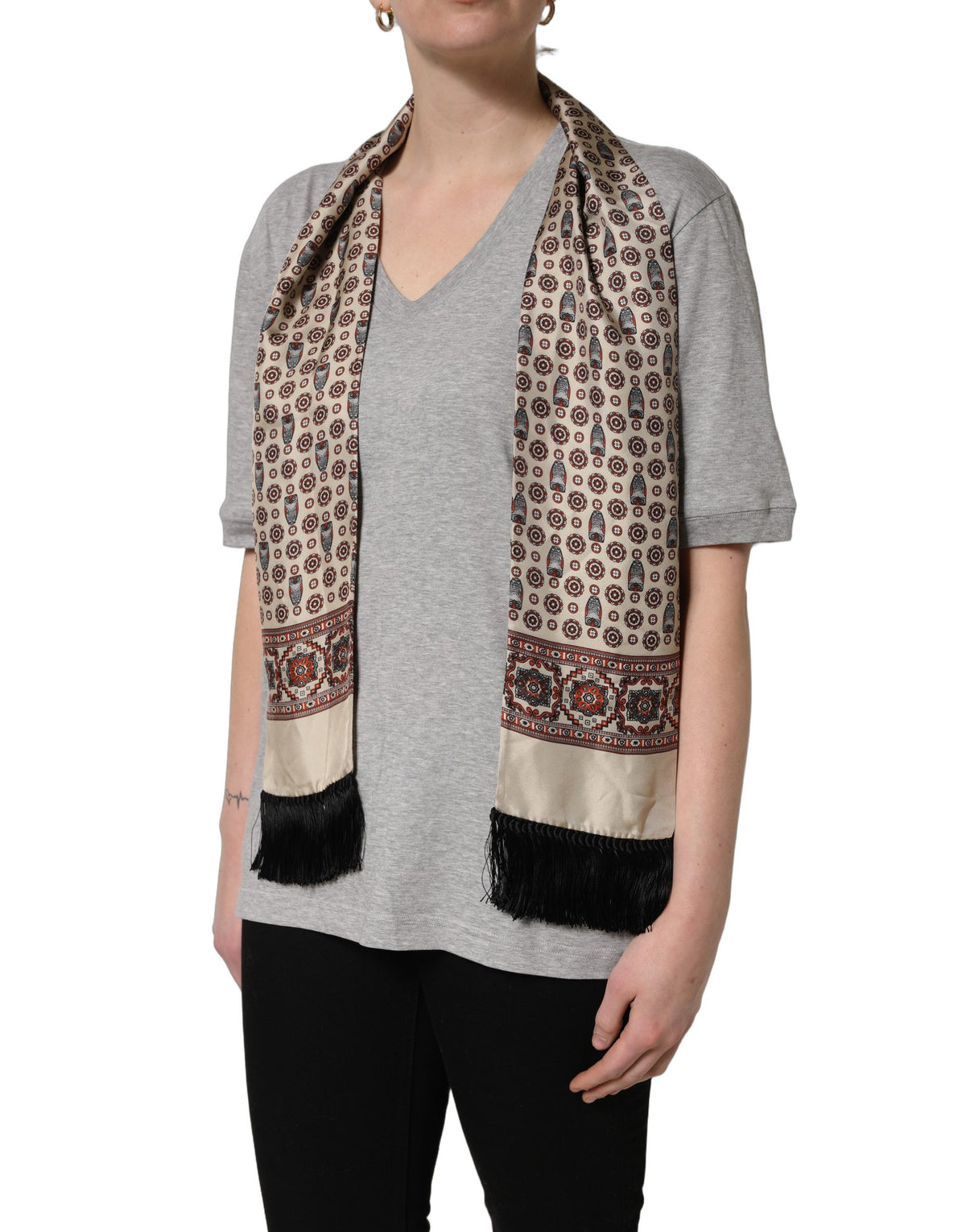 Dolce & Gabbana Grey Cotton V-Neck T-Shirt with Silk Scarf Detail