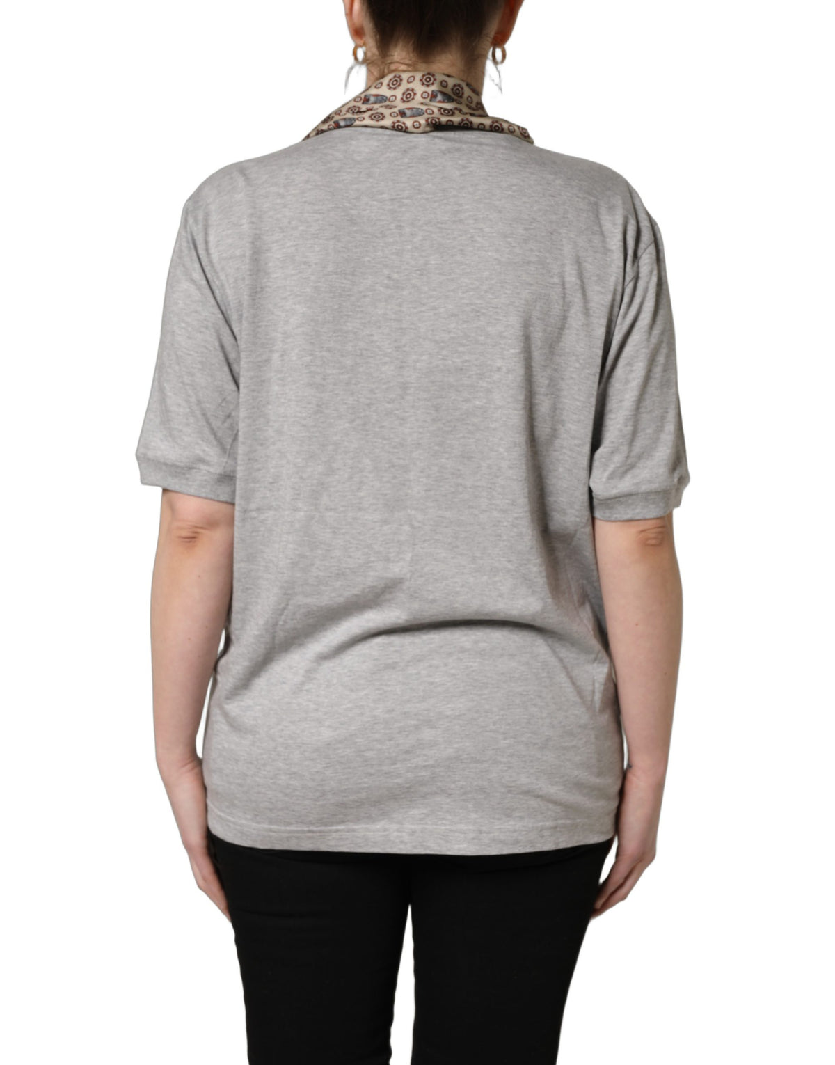 Dolce & Gabbana Grey Cotton V-Neck T-Shirt with Silk Scarf Detail