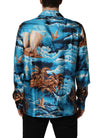 Dolce & Gabbana Blaues Seiden-Twill-Hemd mit Hawaiian-Print