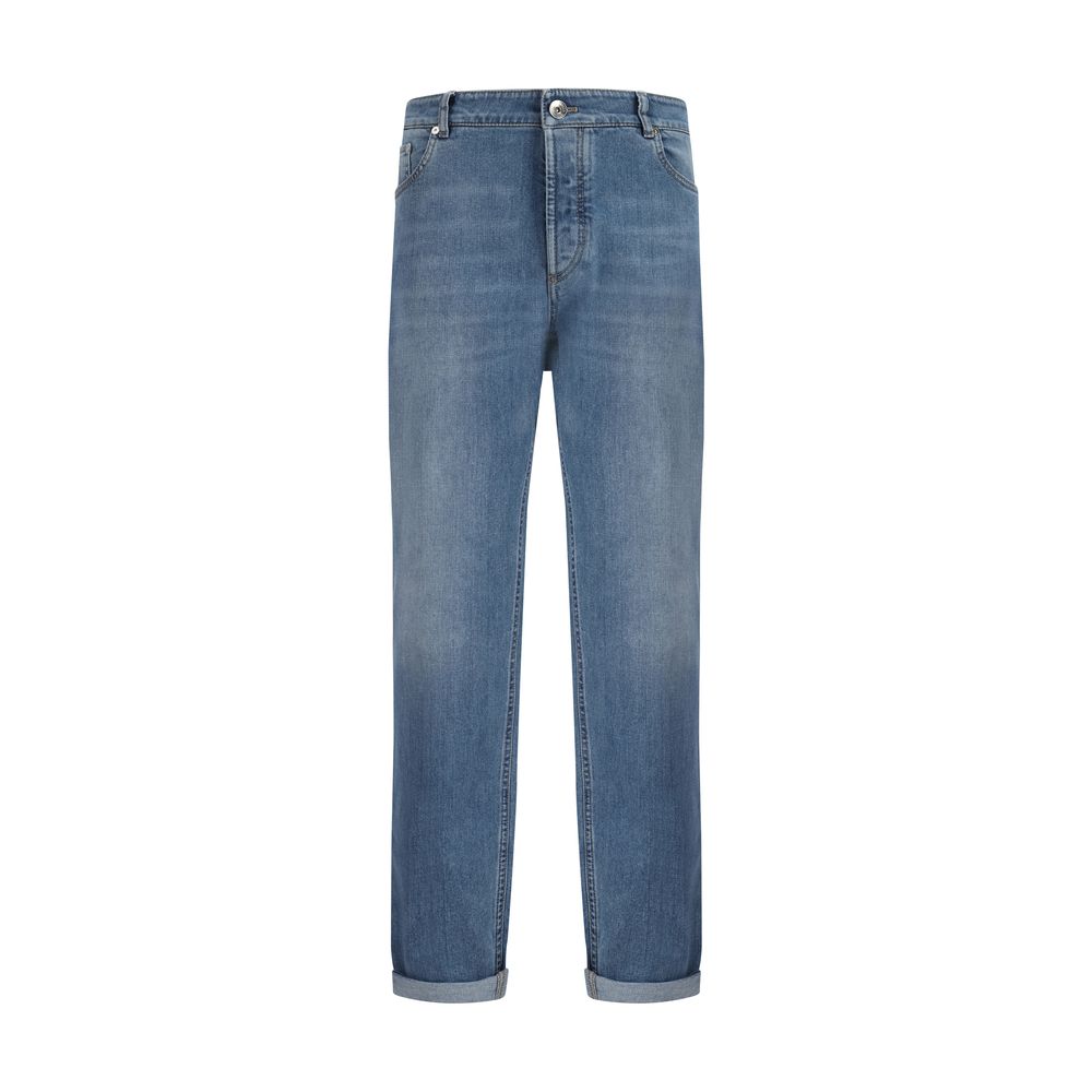 Brunello Cucinelli blaue Jeans aus Baumwolle im geraden Schnitt mit Lederpatch und Umschlag am Saum