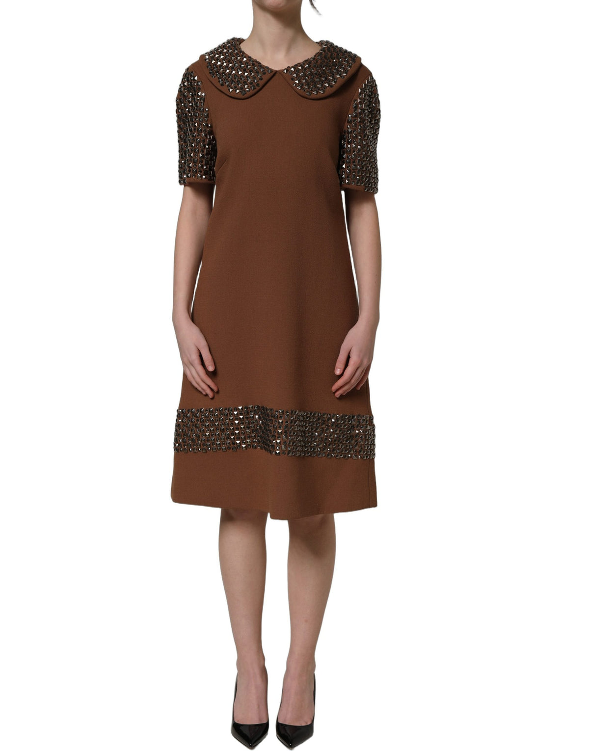 Dolce & Gabbana Brown Wool Rhinestone-Embellished Midi Dress