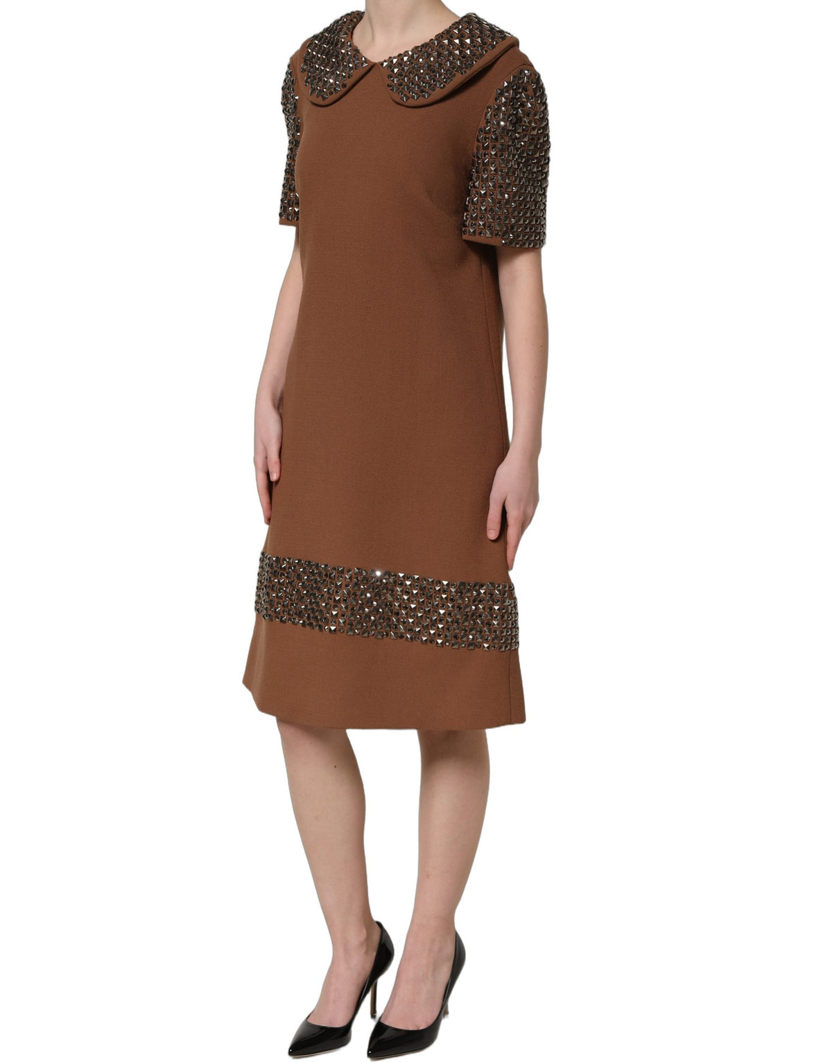 Dolce & Gabbana Brown Wool Rhinestone-Embellished Midi Dress