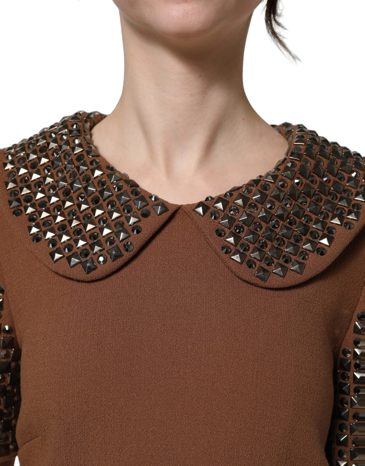 Dolce & Gabbana Brown Wool Rhinestone-Embellished Midi Dress