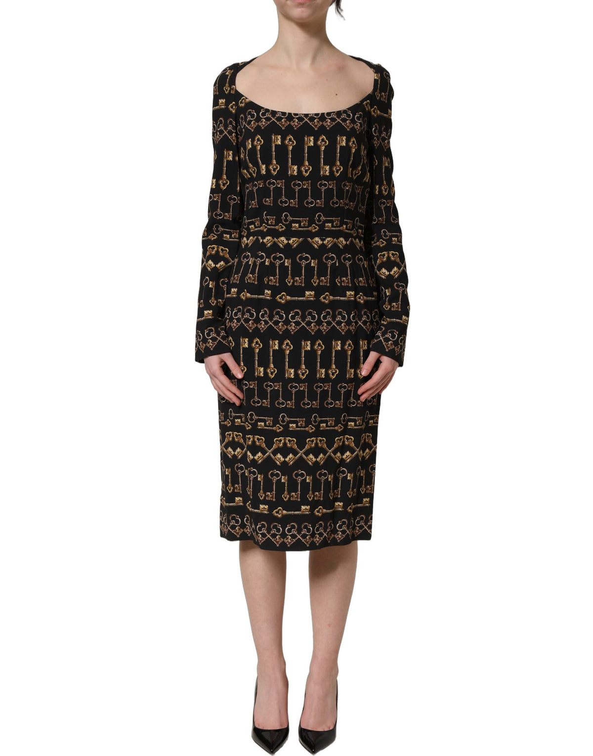 Dolce & Gabbana Black Sheath Dress with Long Sleeves and Key Print