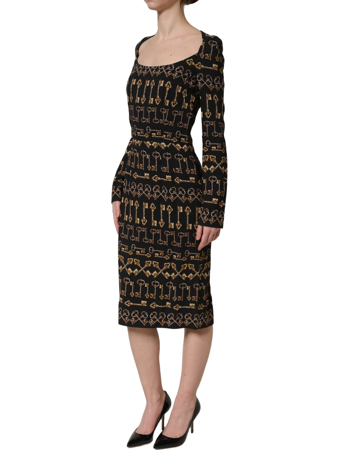 Dolce & Gabbana Black Sheath Dress with Long Sleeves and Key Print