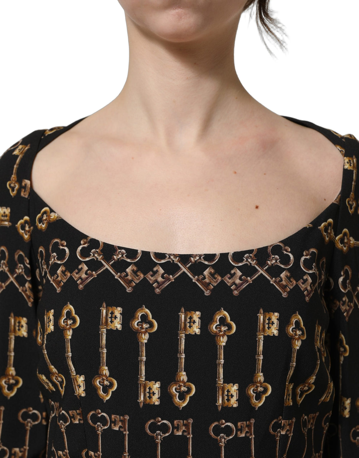 Dolce & Gabbana Black Sheath Dress with Long Sleeves and Key Print