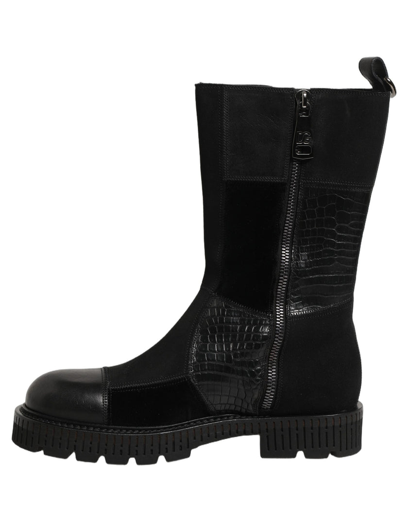 Dolce & Gabbana Schwarze Leder-Stiefeletten mit Patchwork-Optik