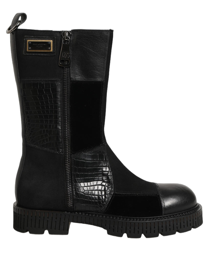 Dolce & Gabbana Schwarze Leder-Stiefeletten mit Patchwork-Optik