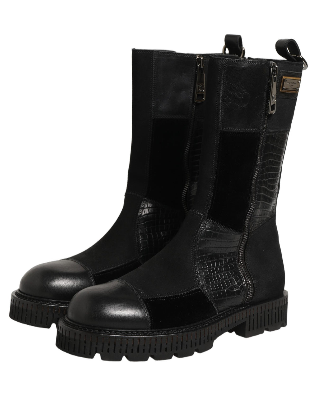 Dolce & Gabbana Schwarze Leder-Stiefeletten mit Patchwork-Optik