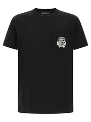 Dolce & Gabbana schwarzes Baumwoll-T-Shirt mit DG-Stickerei und Rundhalsausschnitt