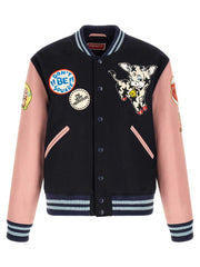 Kenzo Mehrfarbige Woll-Bomberjacke mit kontrastierenden Ärmeln und Lederdetails