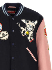 Kenzo mehrfarbige Woll-Bomberjacke mit kontrastierenden Ärmeln und Lederdetails