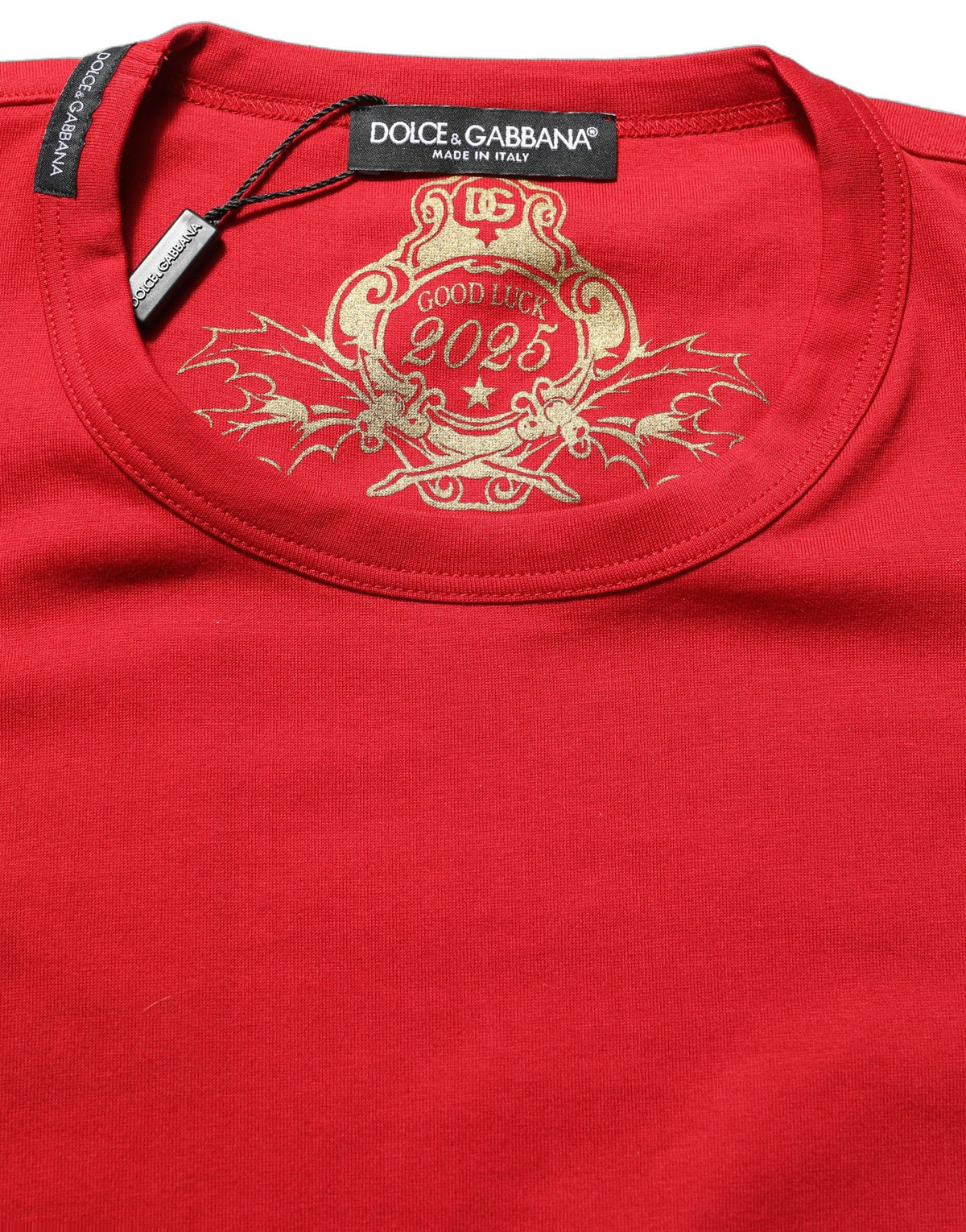 Dolce & Gabbana Red Goodluck 2023 Crew Neck Cotton T-Shirt