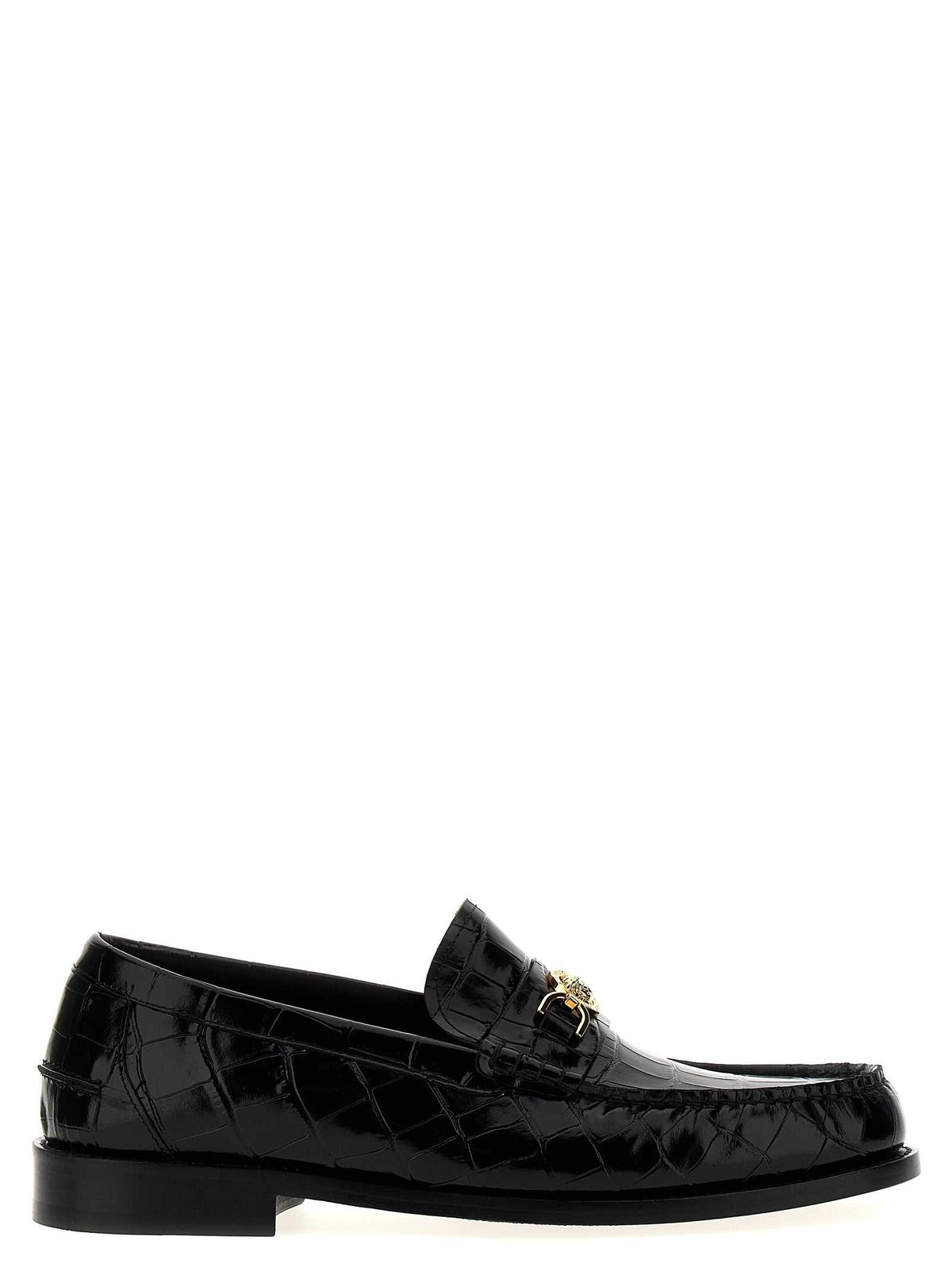 Versace schwarze Loafer aus Samt und Leder mit Medusa Metall-Detail und Lederlaufsohle