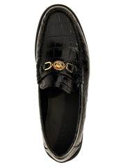 Versace schwarze Loafer aus Leder mit Medusa '95 Metall-Detail und eleganter Lederlaufsohle