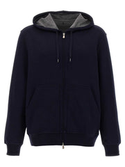 Blauer Brunello Cucinelli Hoodie aus Baumwollmischung mit Reißverschluss und Taschen