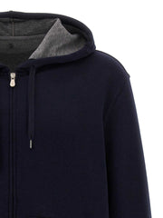 Blaues Brunello Cucinelli Baumwoll-Sweatshirt mit Reißverschluss und Taschen