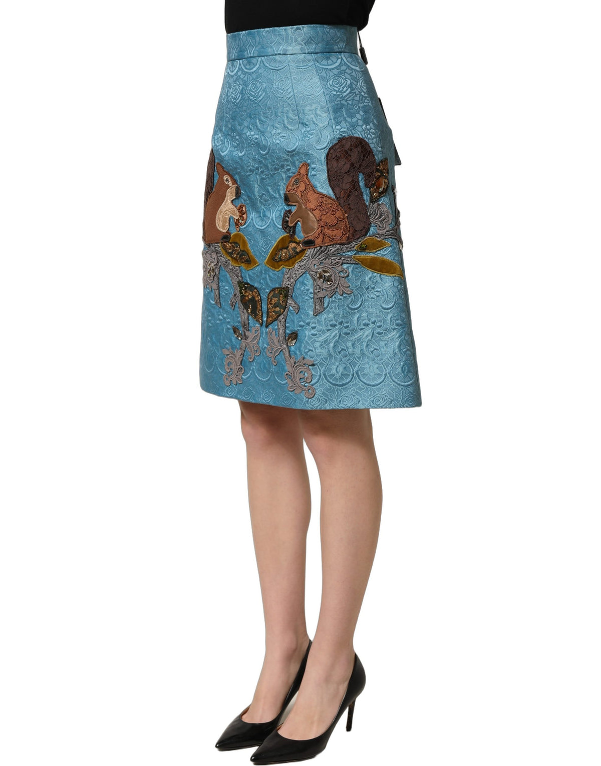 Dolce & Gabbana Blue Jacquard A-Line Skirt with Embroidery