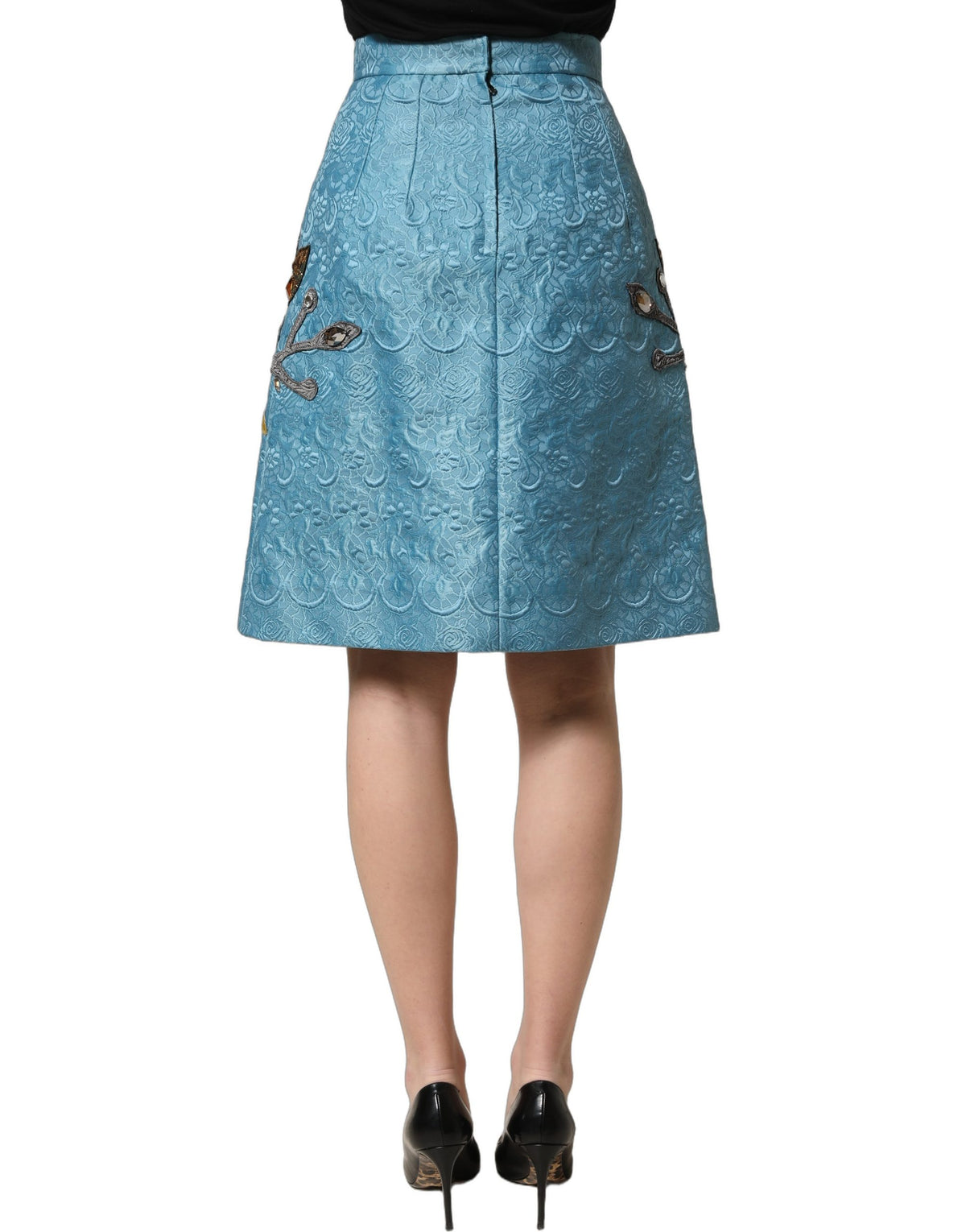 Dolce & Gabbana Blue Jacquard A-Line Skirt with Embroidery