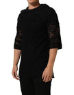 Dolce & Gabbana Schwarzes Baumwoll-T-Shirt mit Blumen-Spitzenbesatz und Rundhalsausschnitt