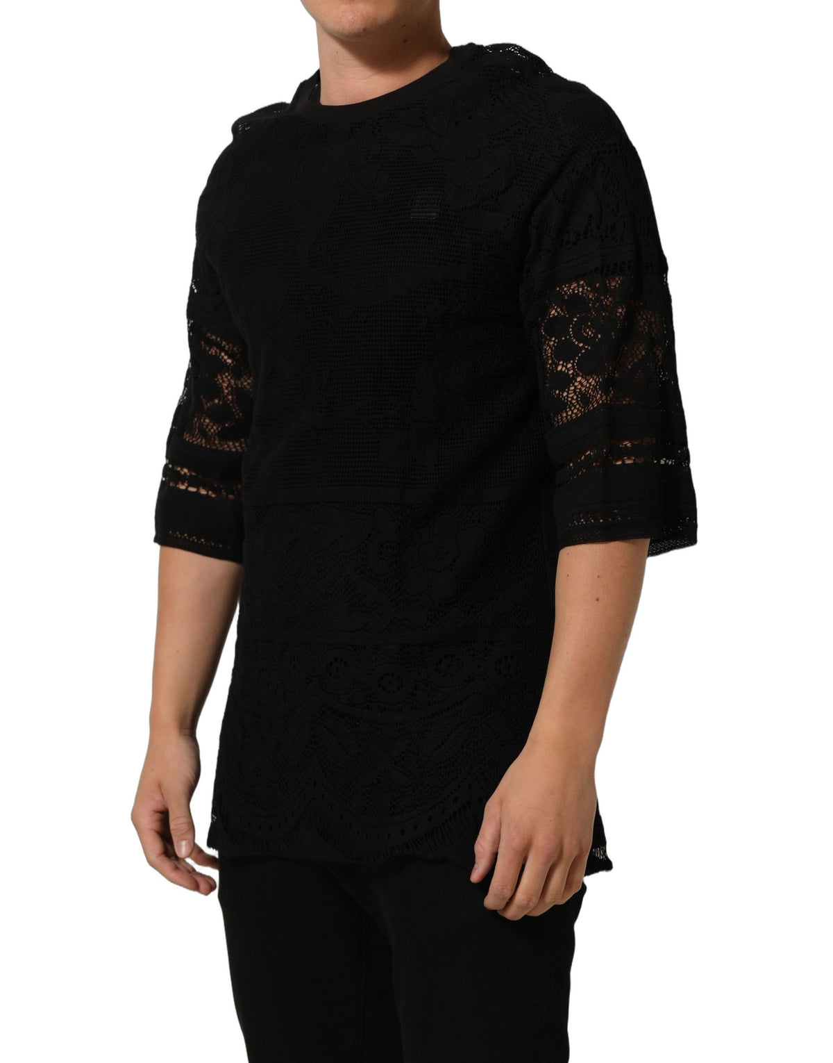 Dolce & Gabbana Black Cotton T-Shirt with Floral Lace Trim and Crew Neck