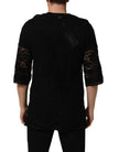 Dolce & Gabbana Schwarzes Baumwoll-T-Shirt mit Blumen-Spitzenbesatz und Rundhalsausschnitt