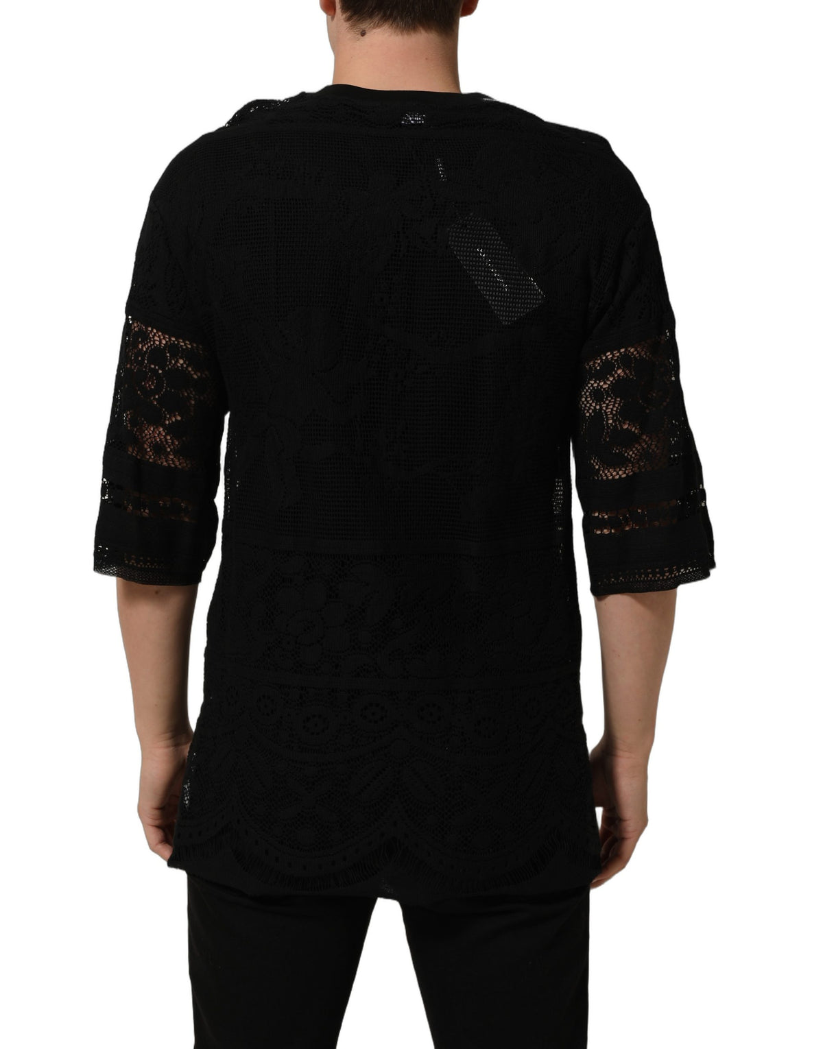 Dolce & Gabbana Black Cotton T-Shirt with Floral Lace Trim and Crew Neck