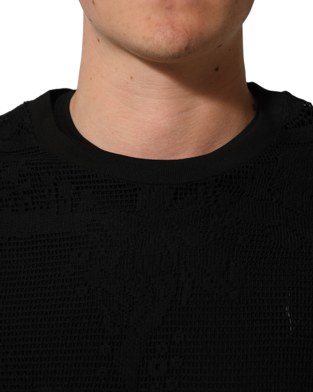 Dolce & Gabbana Black Cotton T-Shirt with Floral Lace Trim and Crew Neck
