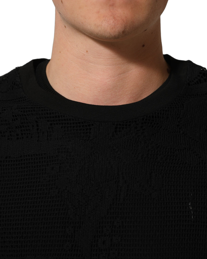 Dolce & Gabbana Schwarzes Baumwoll-T-Shirt mit Blumen-Spitzenbesatz und Rundhalsausschnitt