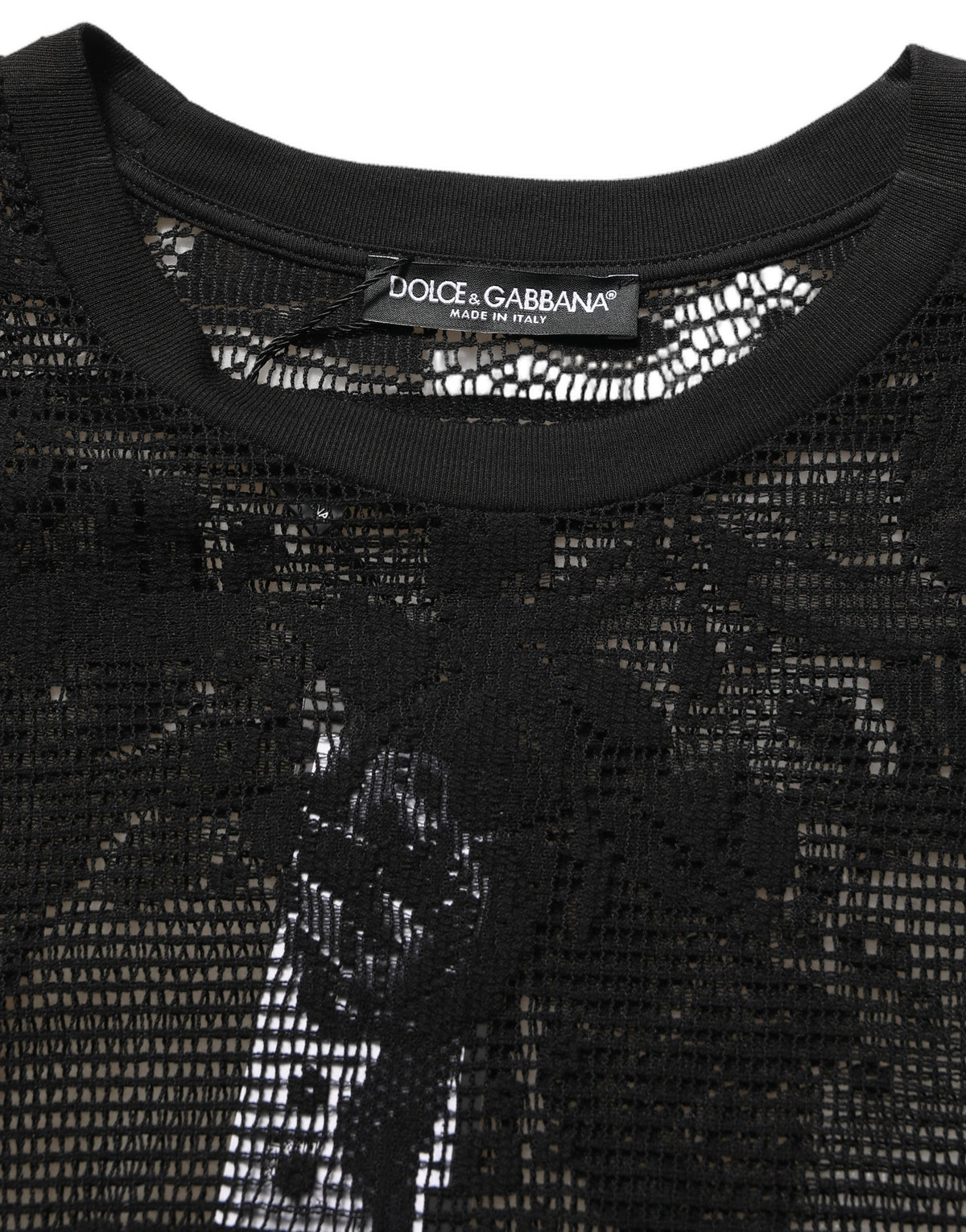 Dolce & Gabbana Black Cotton T-Shirt with Floral Lace Trim and Crew Neck
