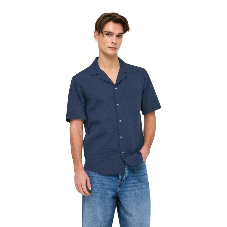Only & Sons Blaues Baumwoll-Kurzarmhemd