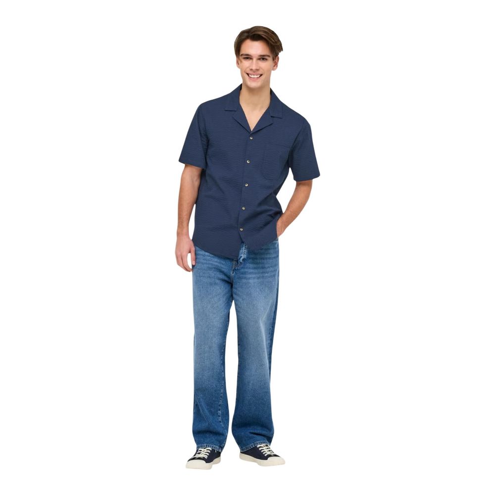 Only & Sons Blaues Baumwoll-Kurzarmhemd