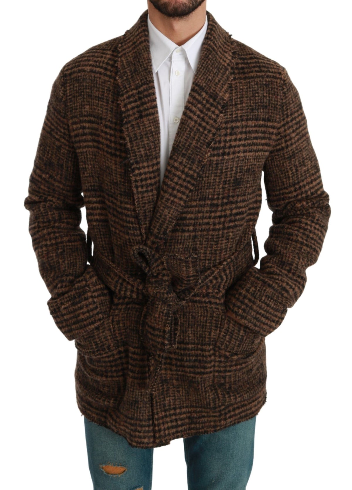 Dolce & Gabbana Braun karierter Wollmantel Wickeljacke