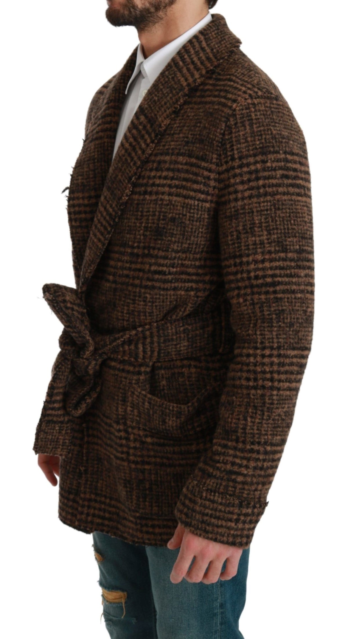 Dolce & Gabbana Braun karierter Wollmantel Wickeljacke